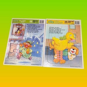 2 Vintage Golden Frame Sesame Street Tray Puzzles Big Bird & Ernie 12PC